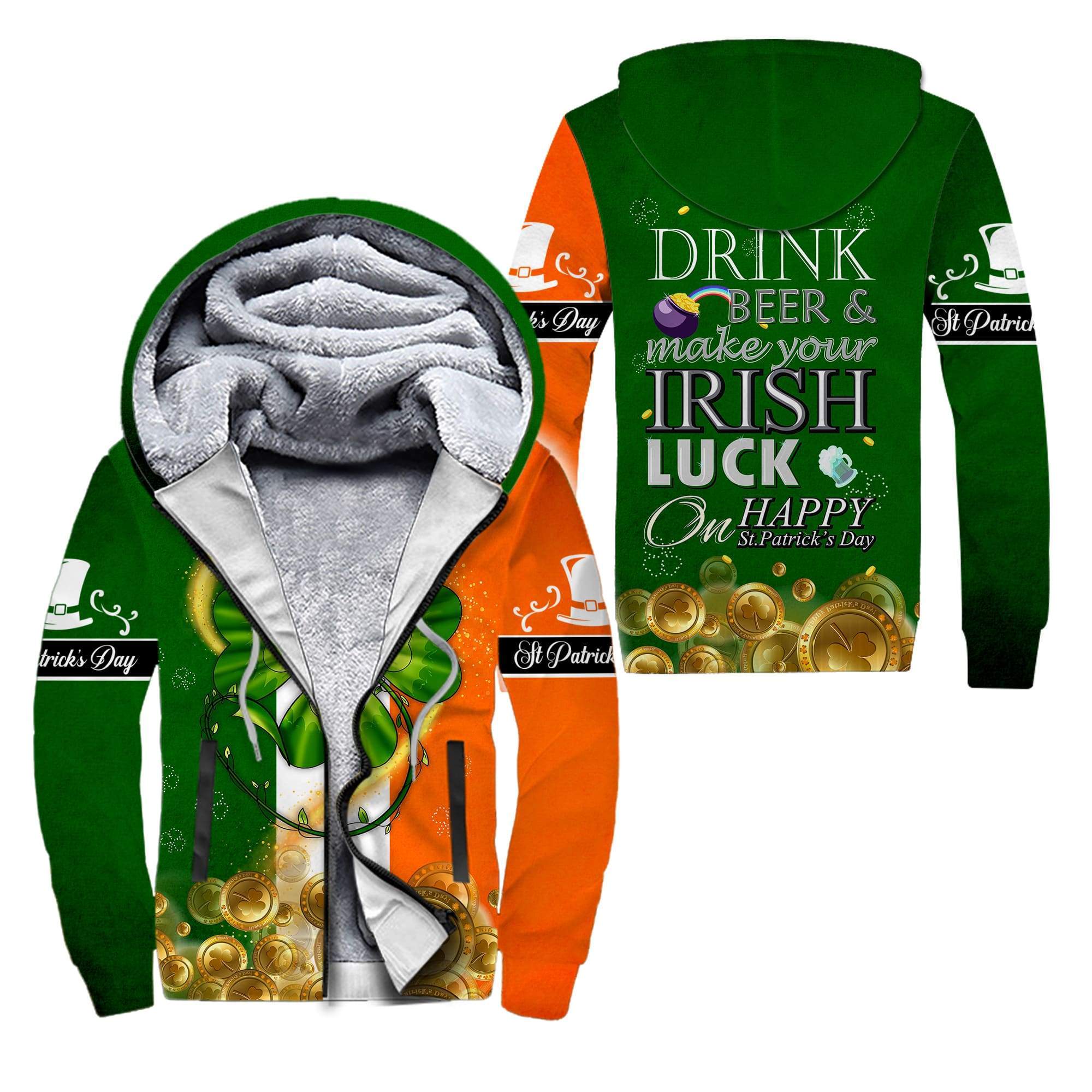 ireland flag saint patricks day shamrock all over print fleece hoodie