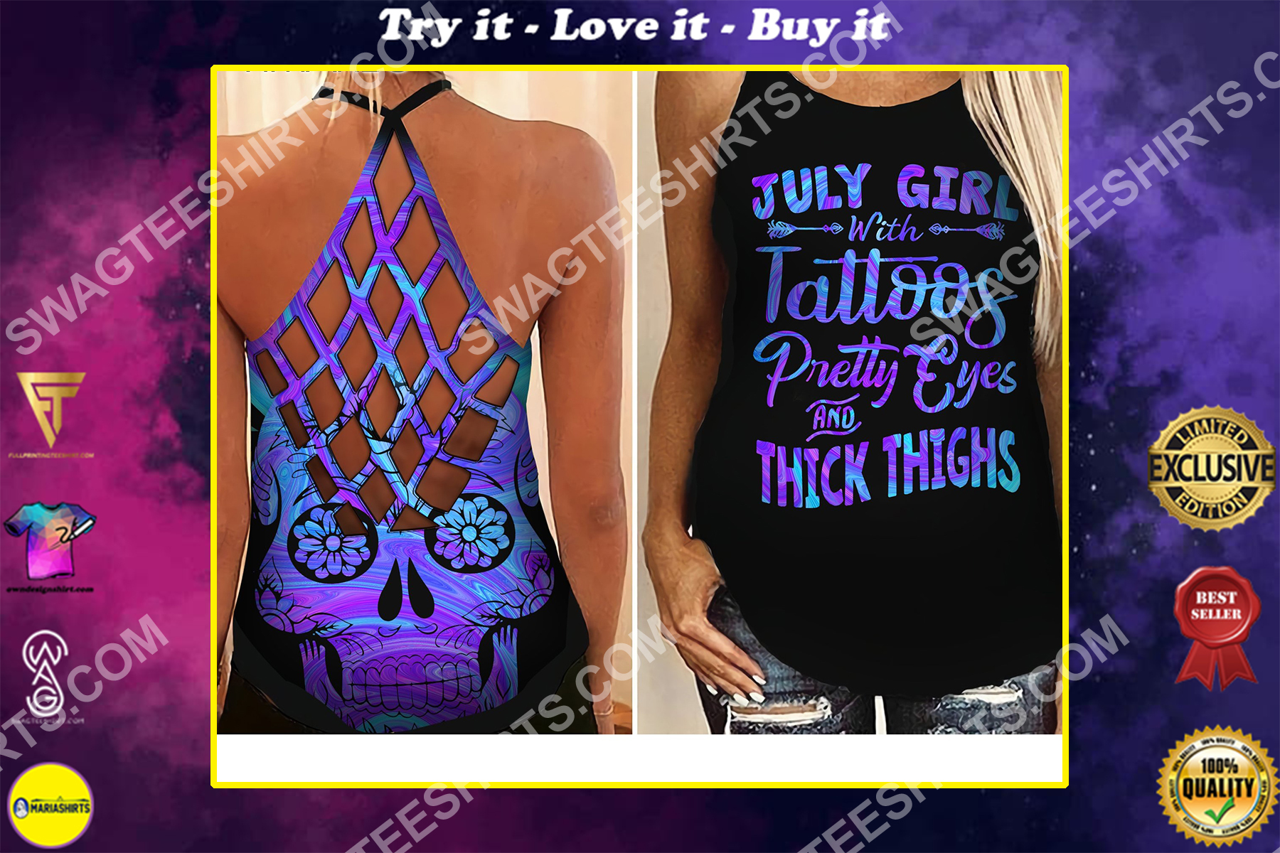 july girl with tattoos all over printed strappy back tank top