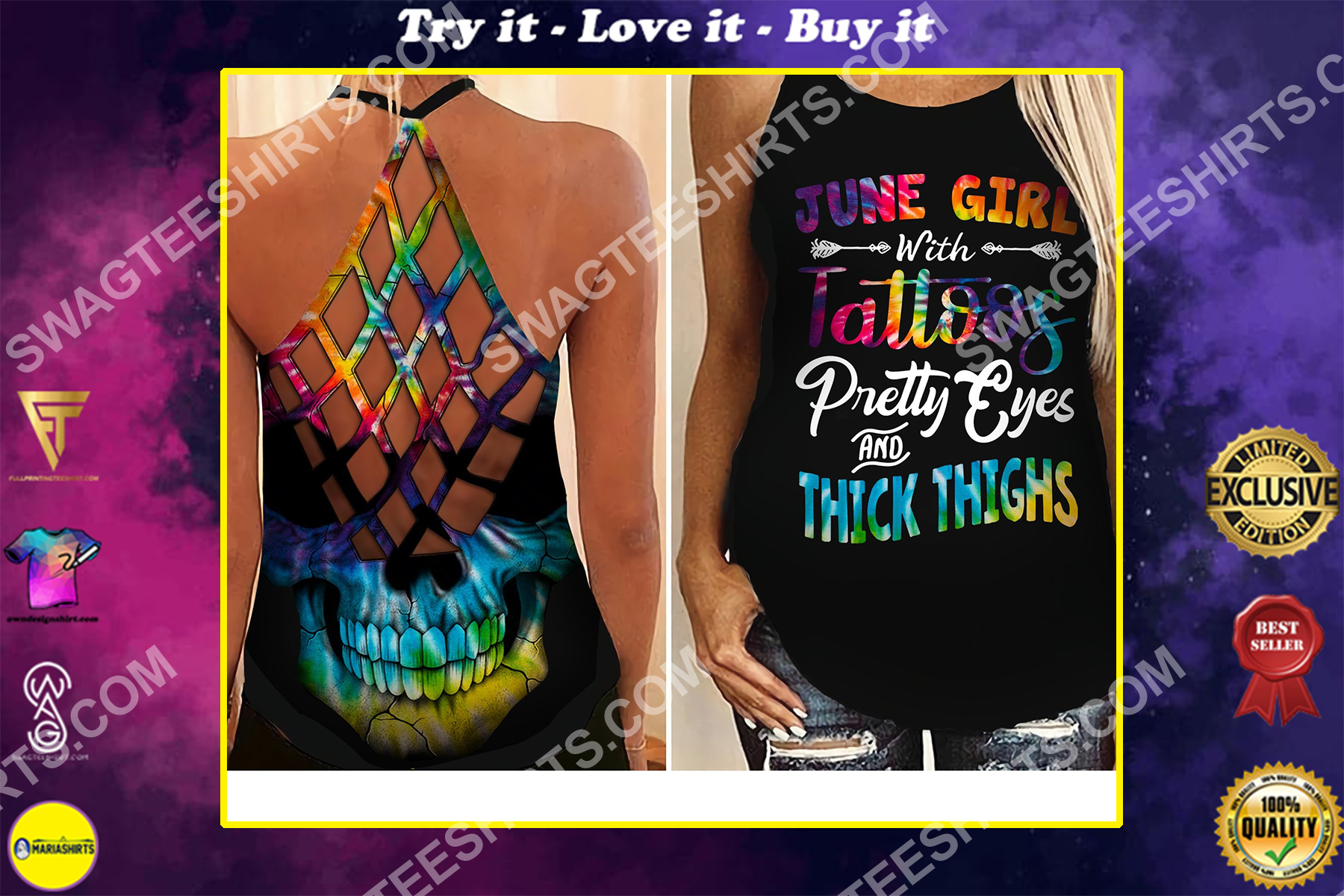 june girl with tattoos all over printed strappy back tank top