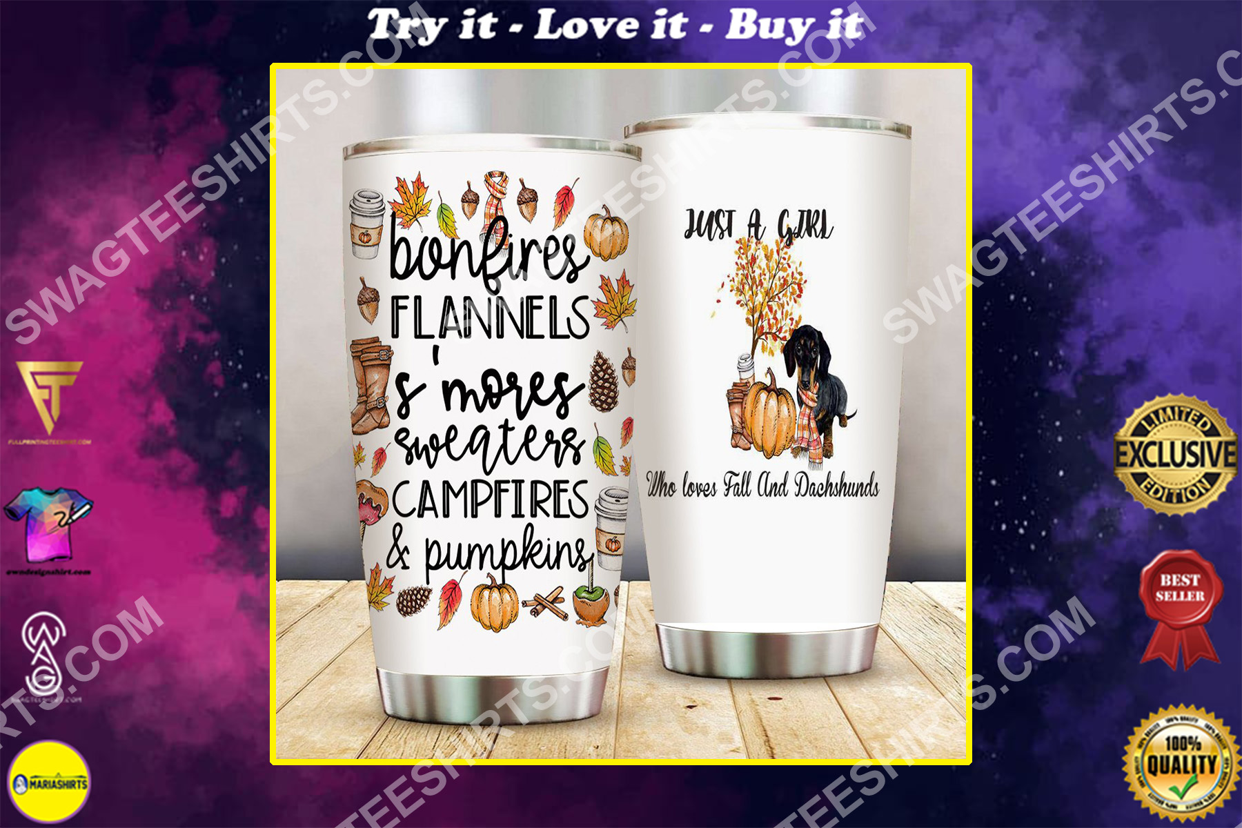 just a girl who loves fall and dachshunds all over printed stainless steel tumbler