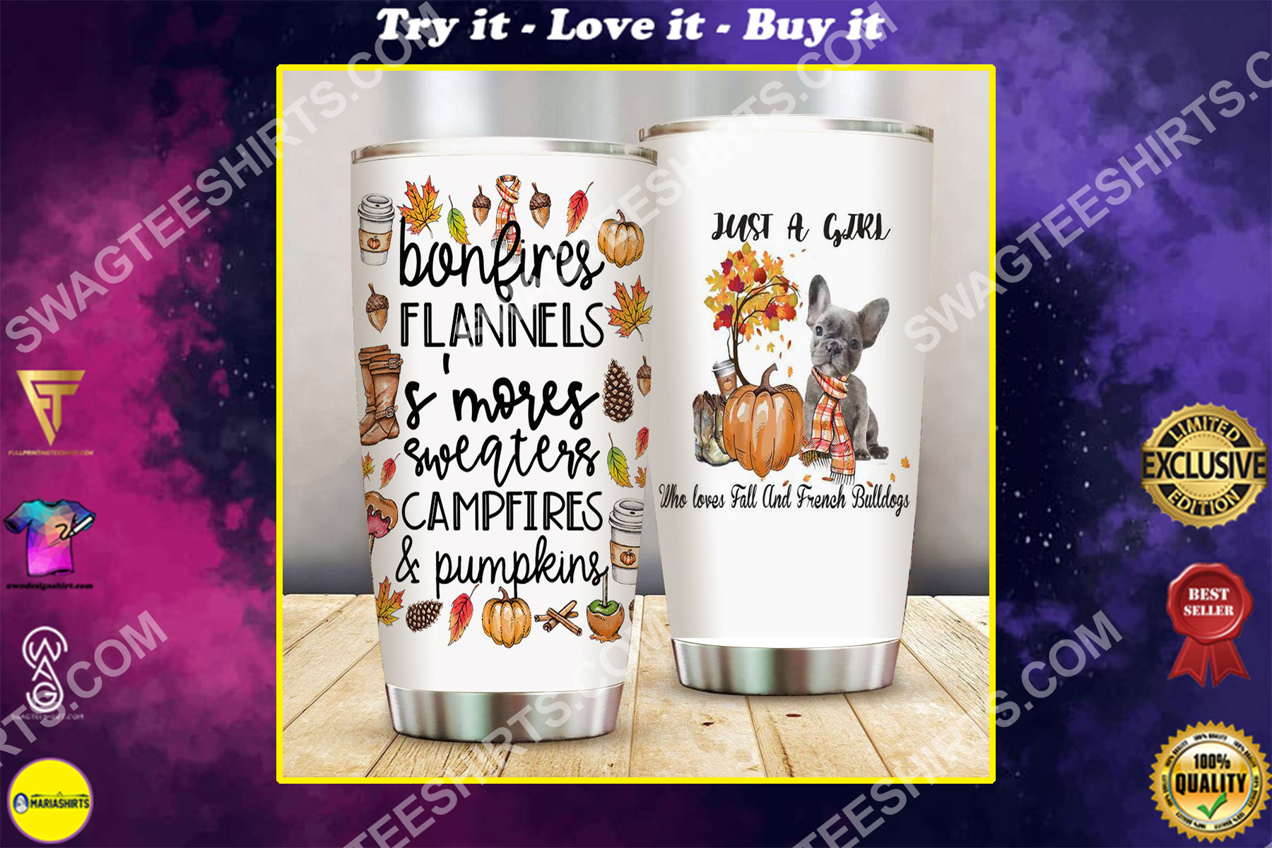 just a girl who loves fall and french bulldogs all over printed stainless steel tumbler