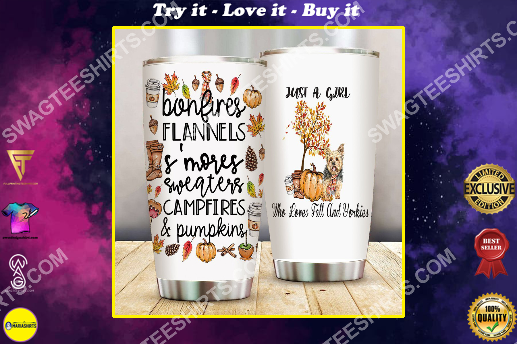 just a girl who loves fall and yorkies all over printed stainless steel tumbler