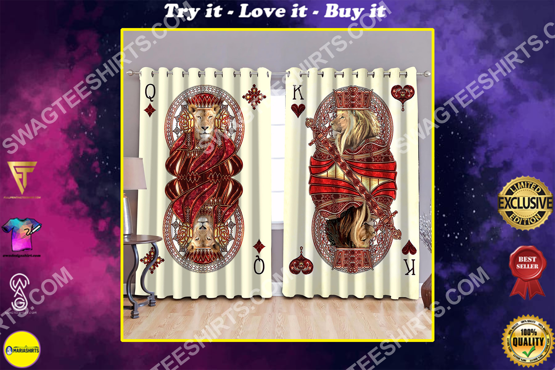 king and queen lion poker all over printed window curtains