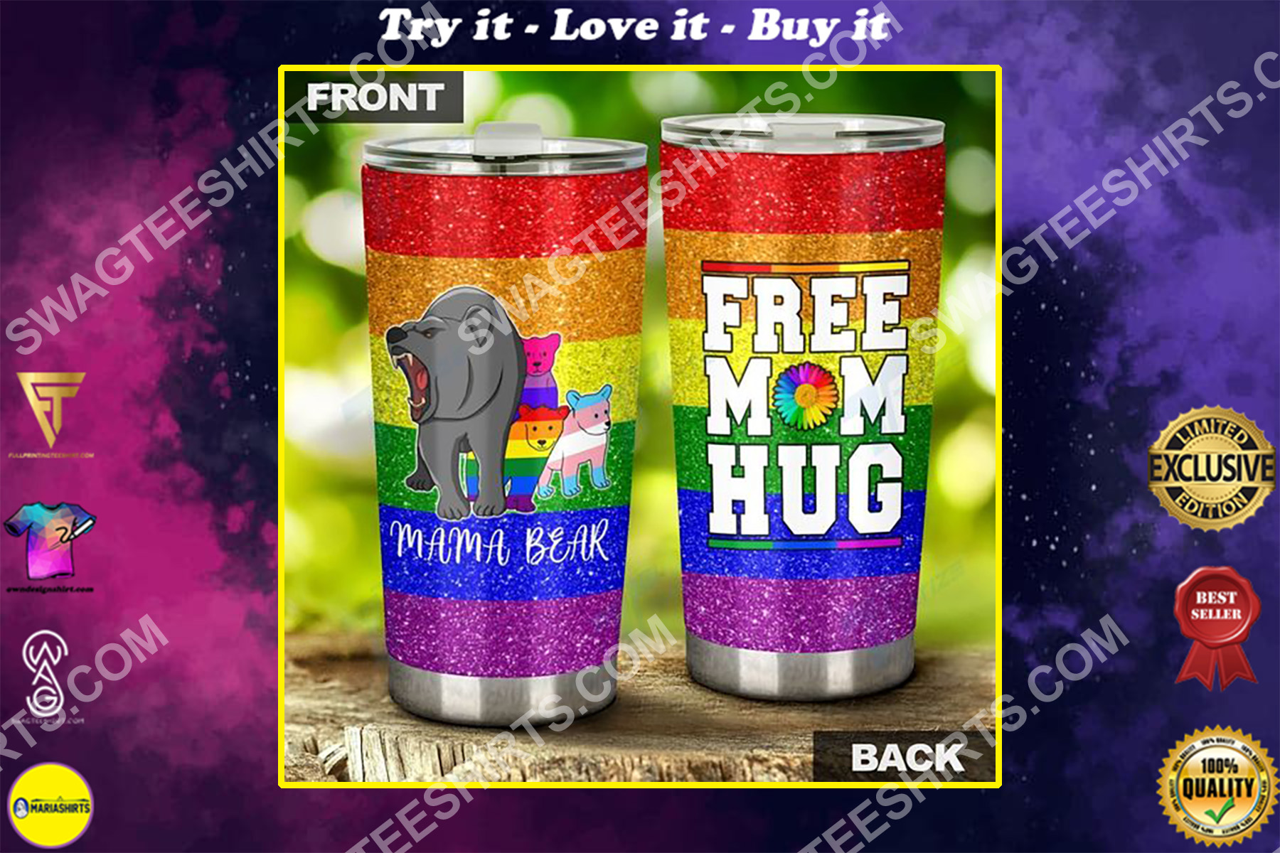 lgbt mama bear free mom hug all over printed stainless steel tumbler