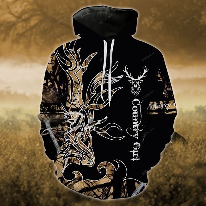 love hunting country girl on black all over printed hoodie