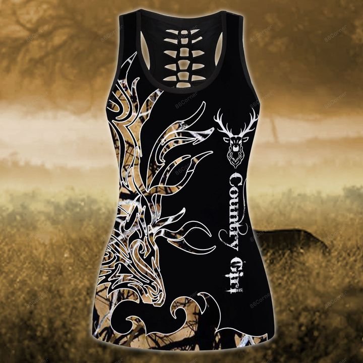 love hunting country girl on black all over printed tank top