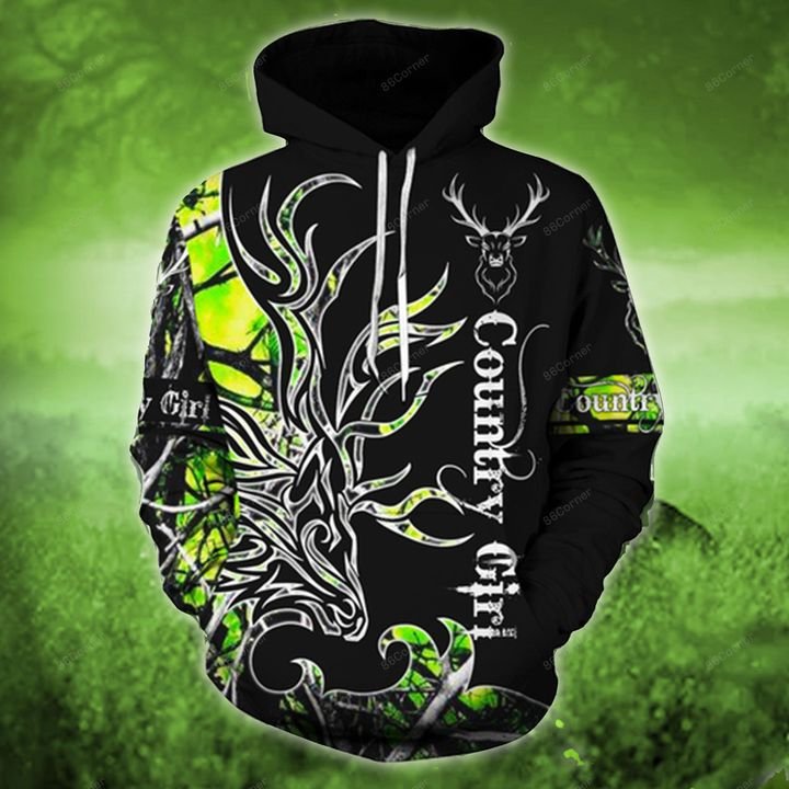 love hunting green country girl on black all over printed hoodie