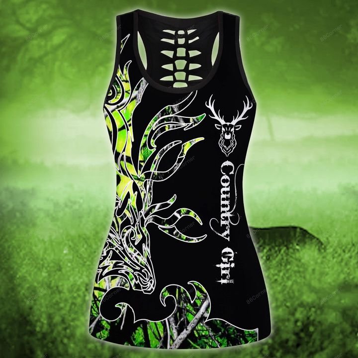 love hunting green country girl on black all over printed tank top
