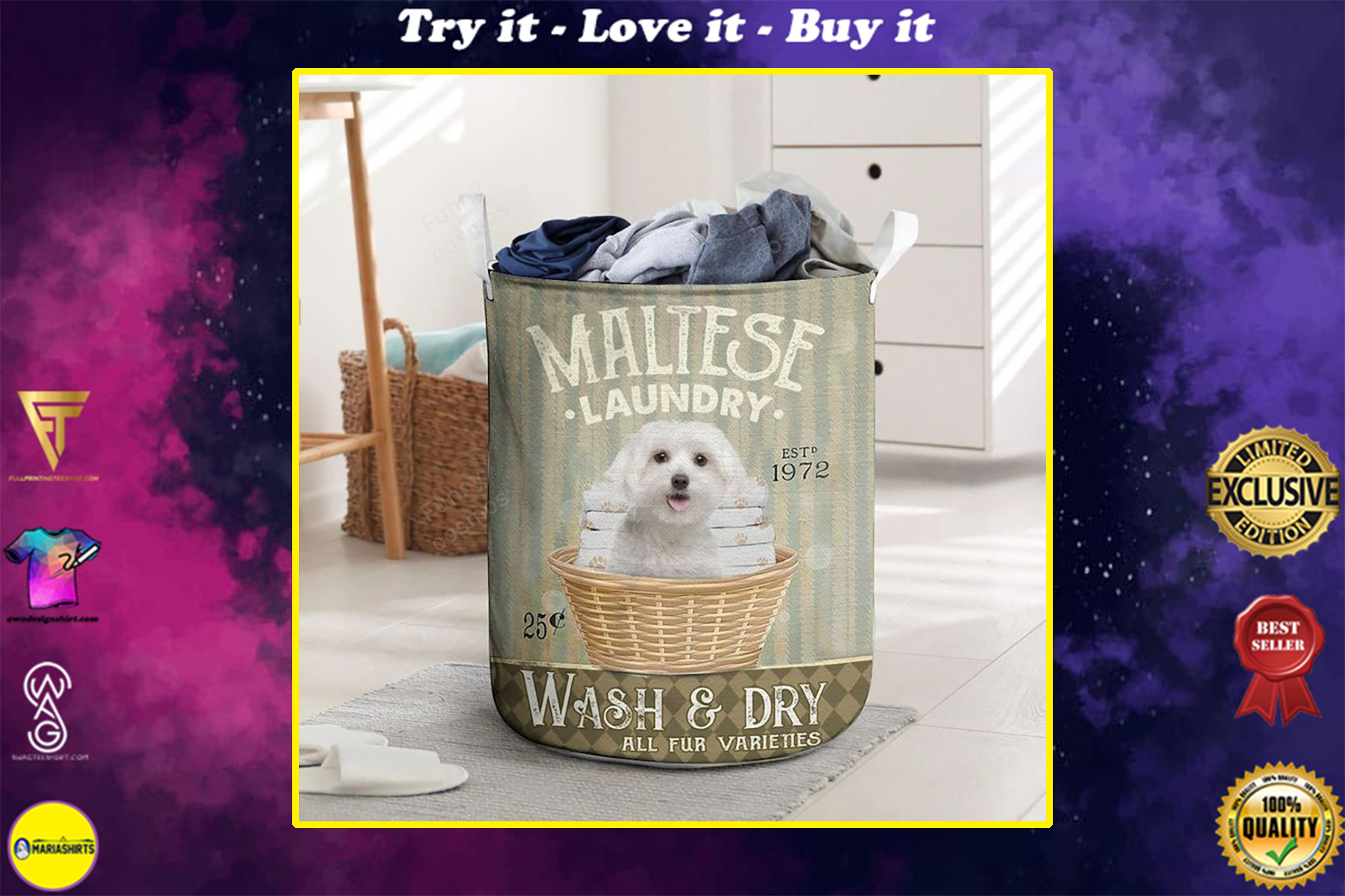 maltese dog all over printed laundry basket