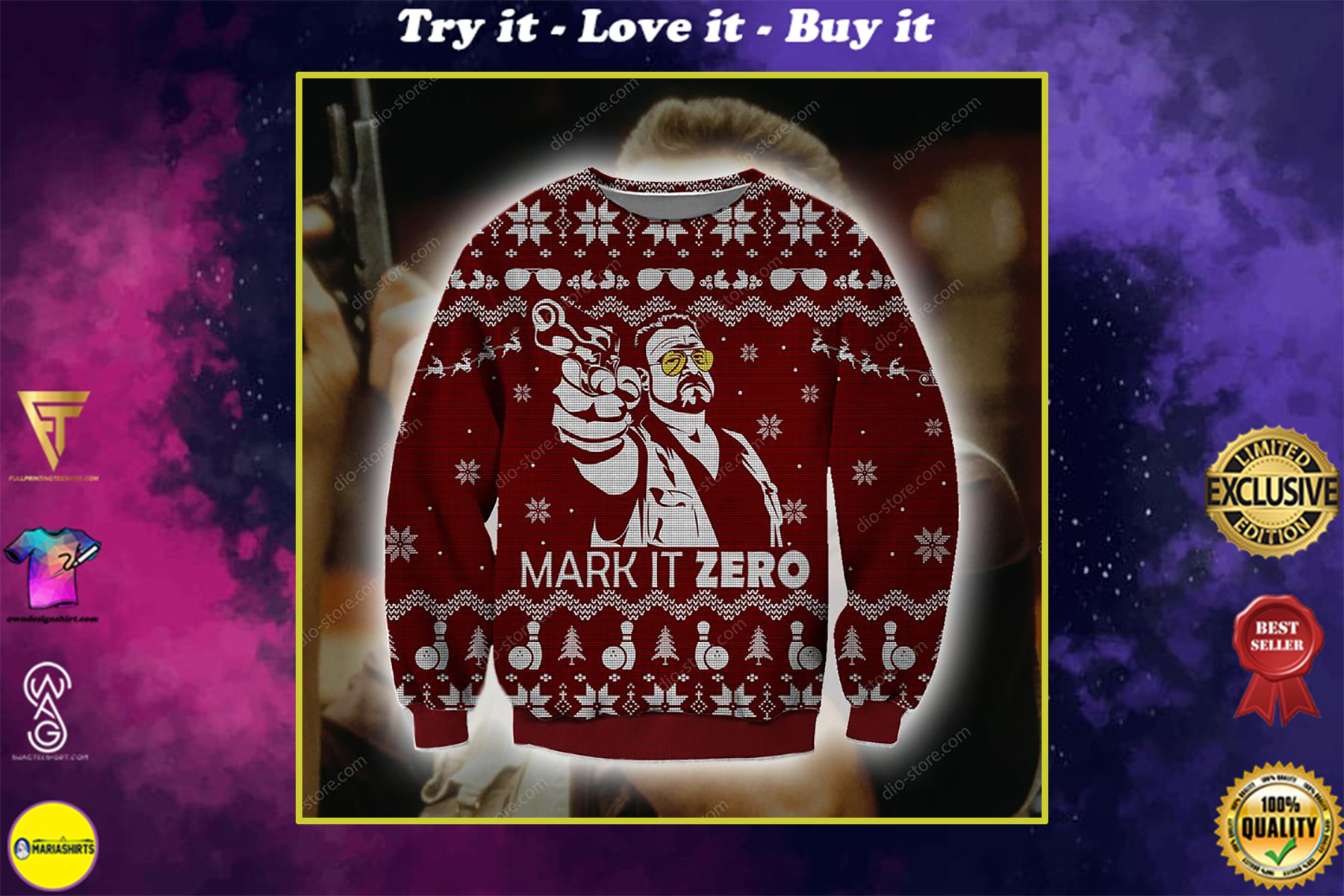 mark it zero the big lebowski all over printed ugly christmas sweater