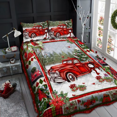 merry christmas and red truck all over print bedding set 2