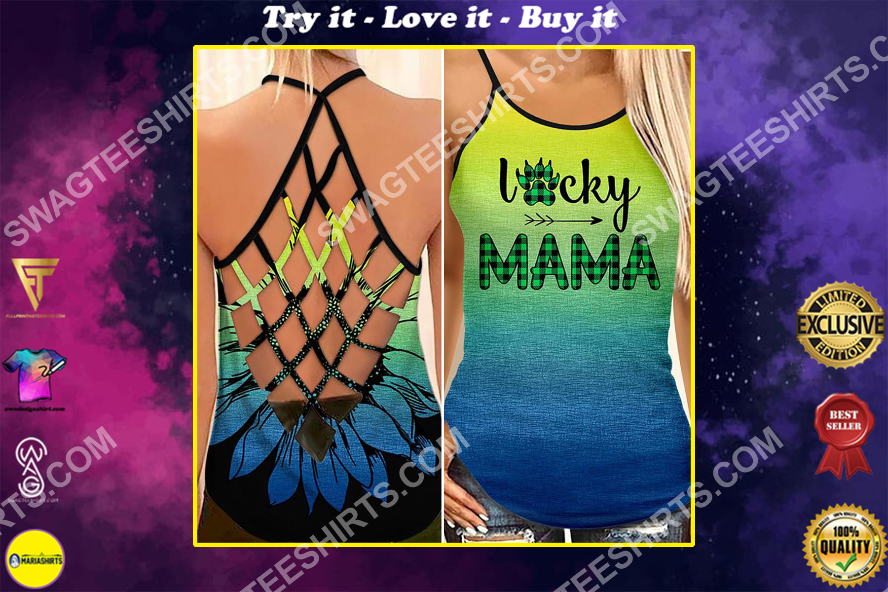 mothers day lucky mama bear all over printed strappy back tank top