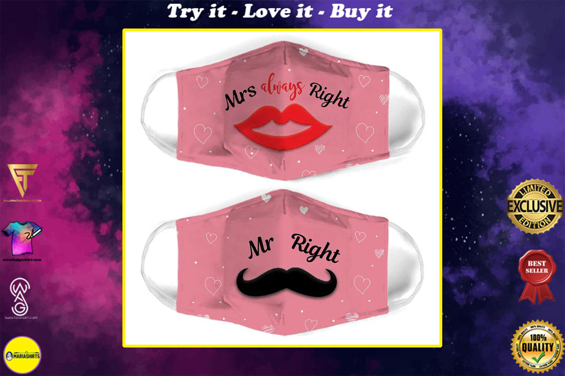 mrs always right couple all over print face mask