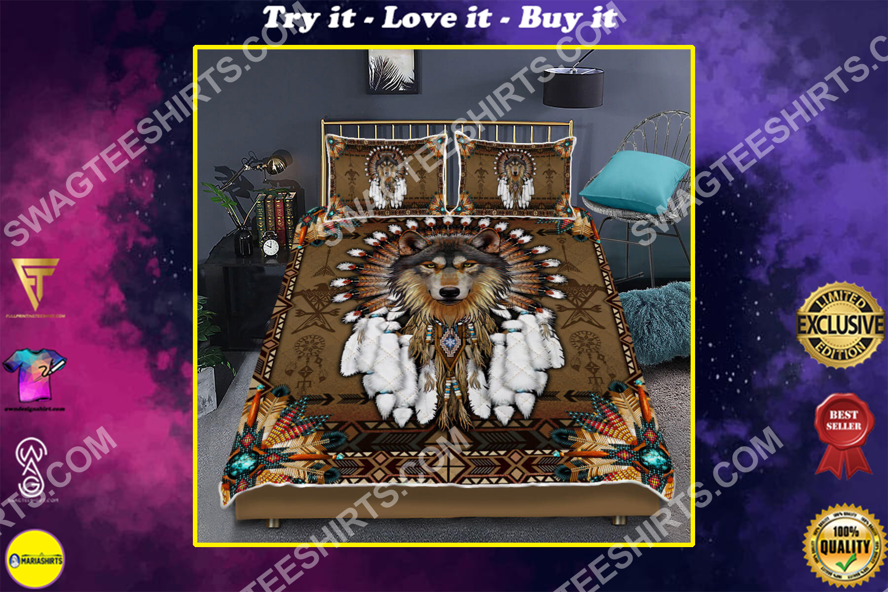 native american and wolf all over printed bedding set