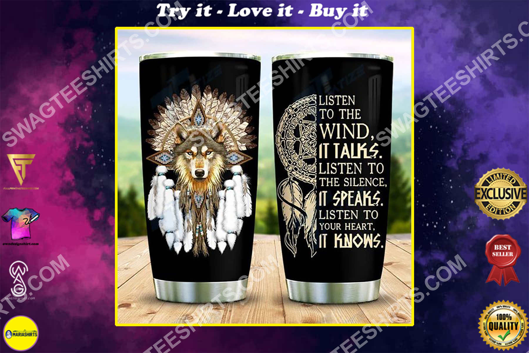 native american wolf listen to the wind it talks all over printed stainless steel tumbler