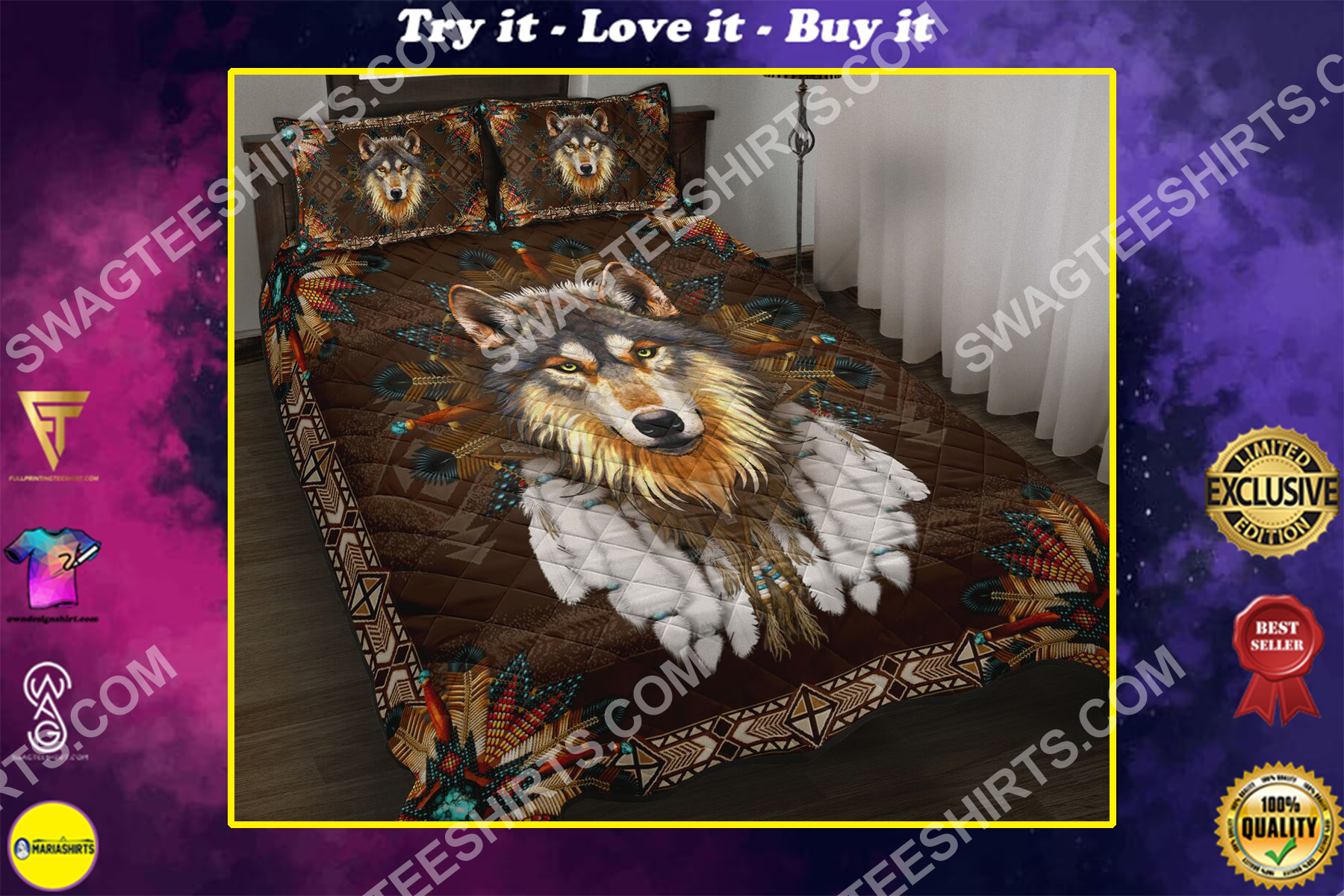 native american wolves all over printed bedding set