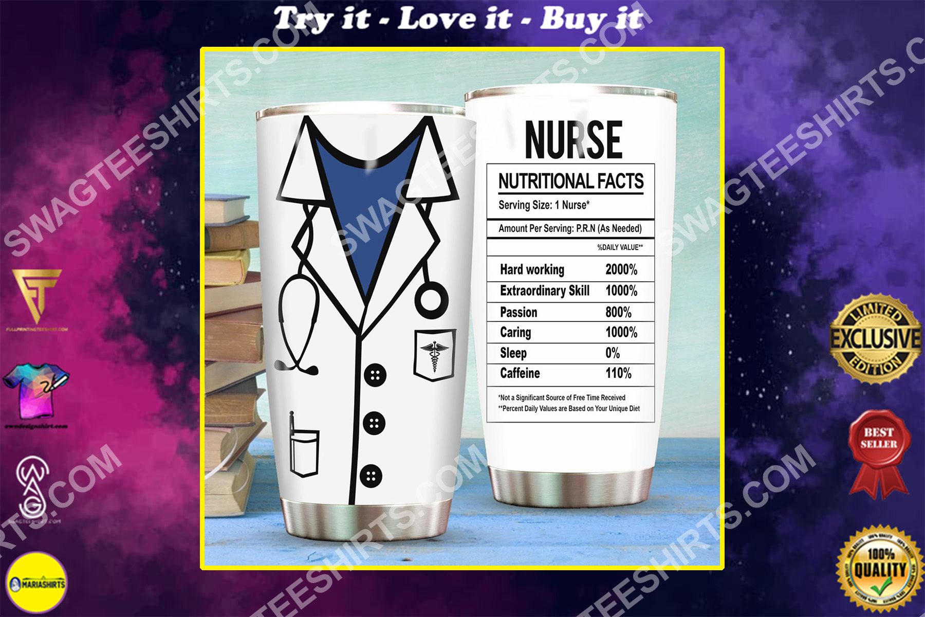 nurse nutritional facts all over printed stainless steel tumbler