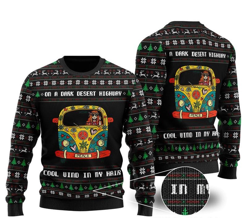on a dark desert highway cool wind in my hair hippie girl ugly christmas sweater 2 - Copy (3)