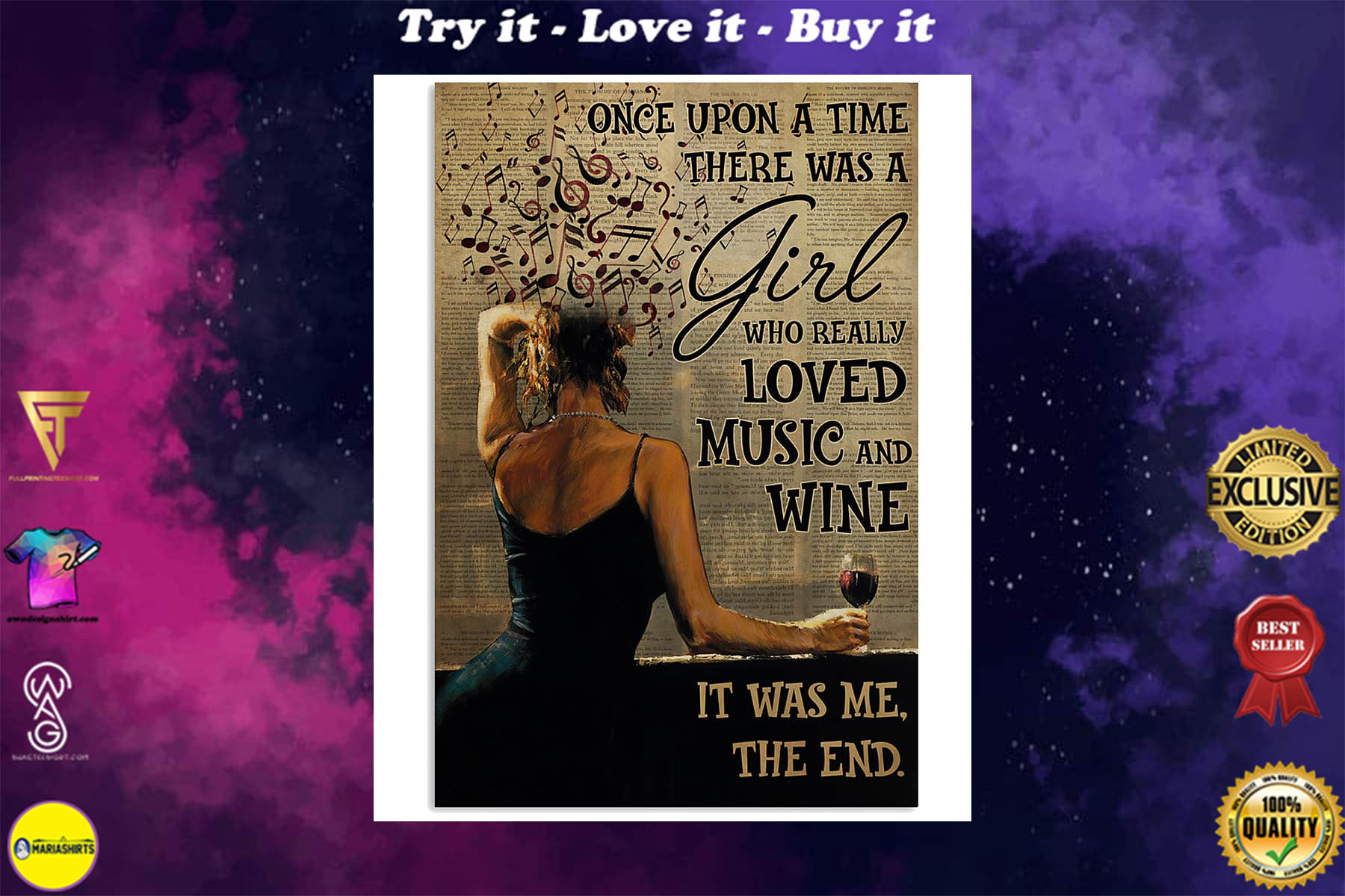 once upon a time there was a girl who really loved music and wine poster