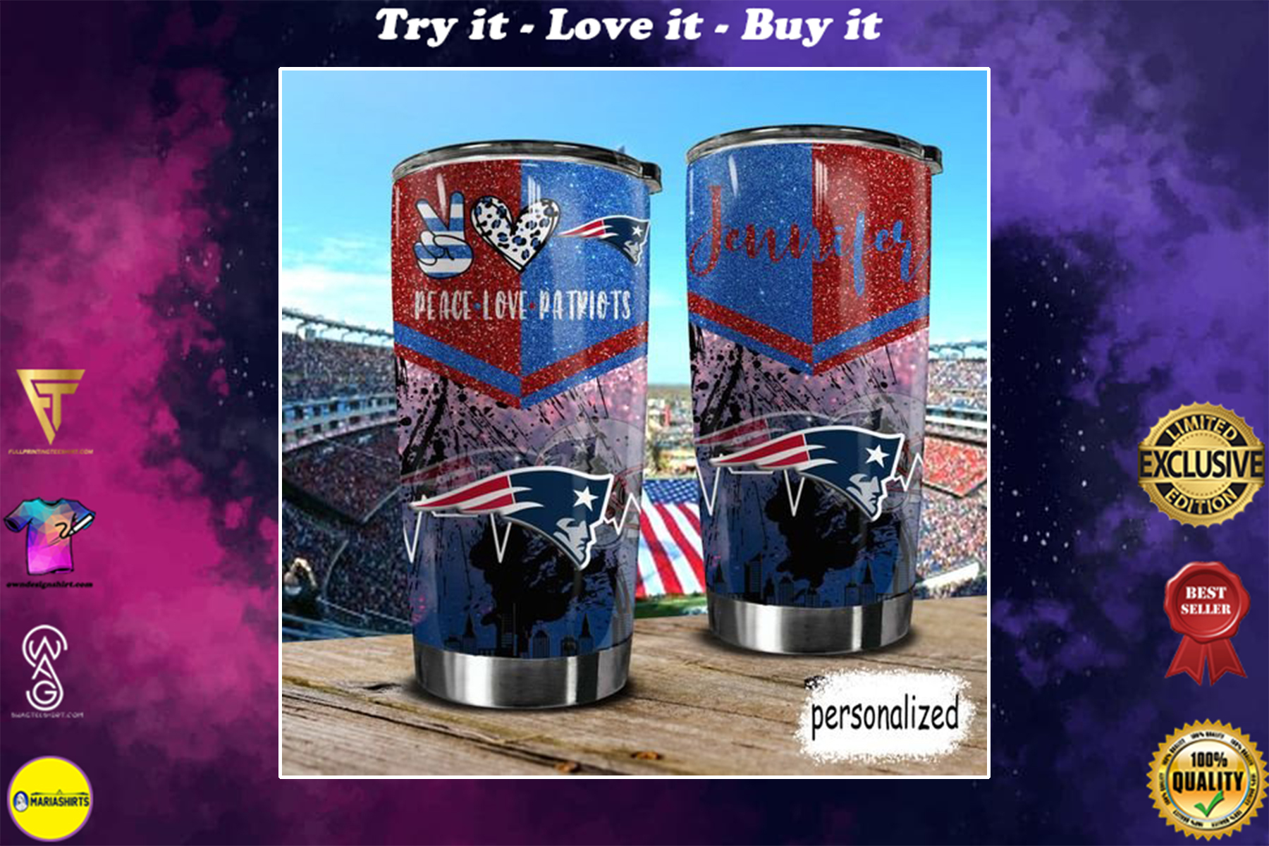 personalized name peace love new england patriots tumbler