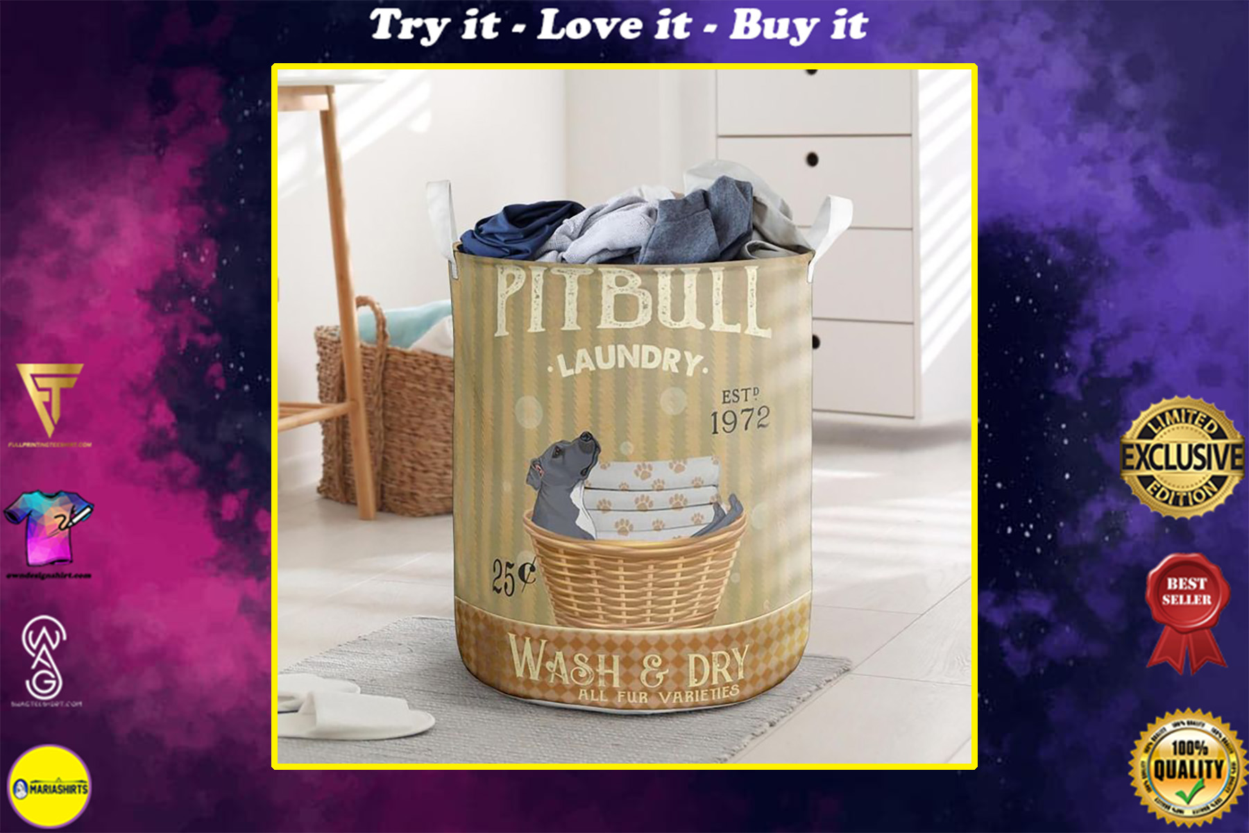 pitbull wash and dry all over print laundry basket