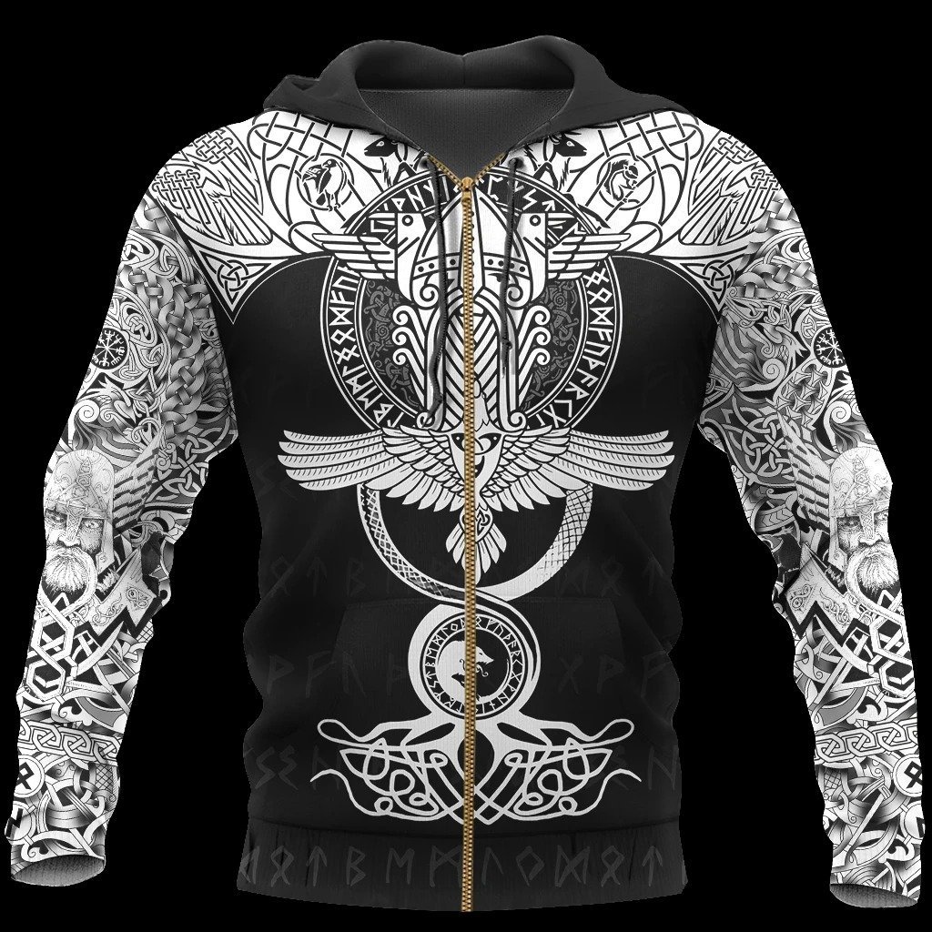 raven of odin viking symbol all over printed zip hoodie