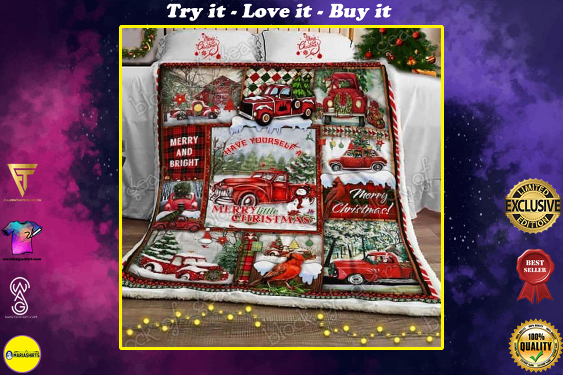 red truck christmas merry and bright all over printed blanket
