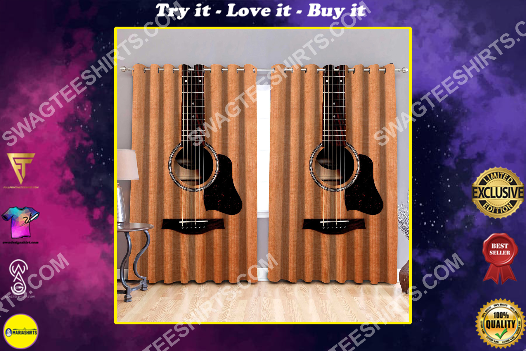 retro guitar musical all over printed window curtains