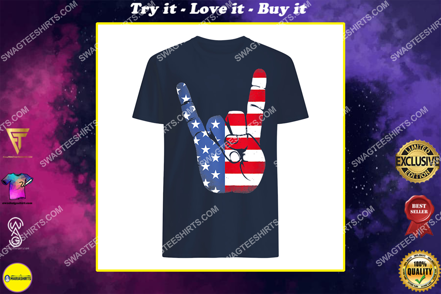 rock sign hand 4th of july american flag hand shirt
