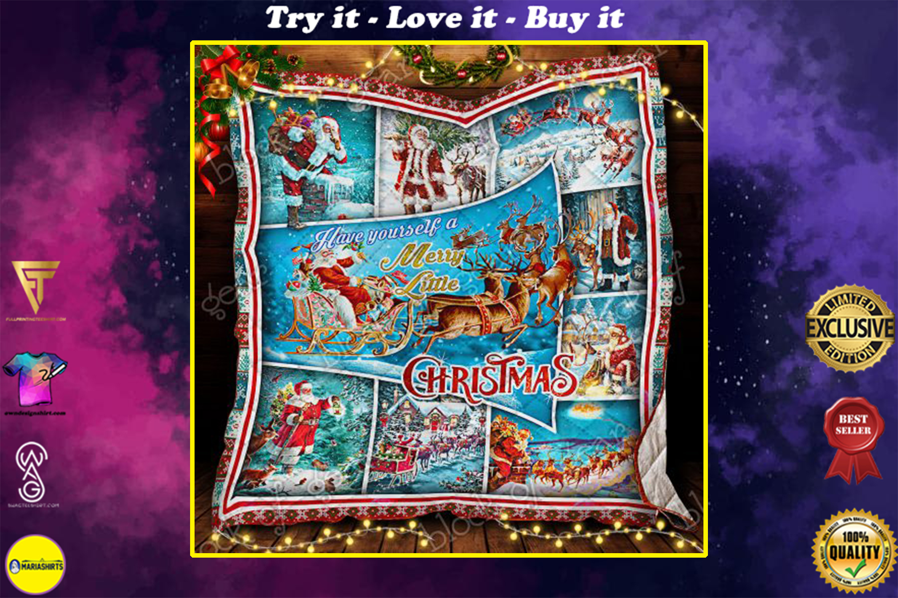 santa claus and reindeer red truck have yourself a merry little christmas quilt