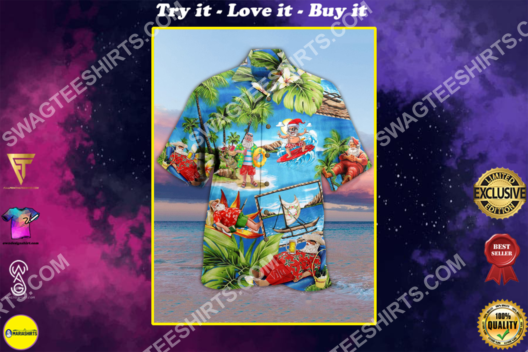 santa surfing all over printed hawaiian shirt