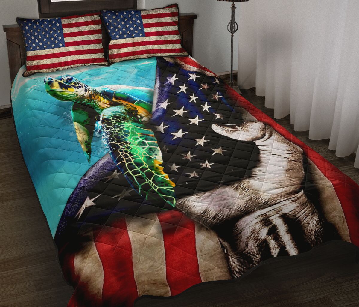 sea turtle in american flag full over print quilt 2