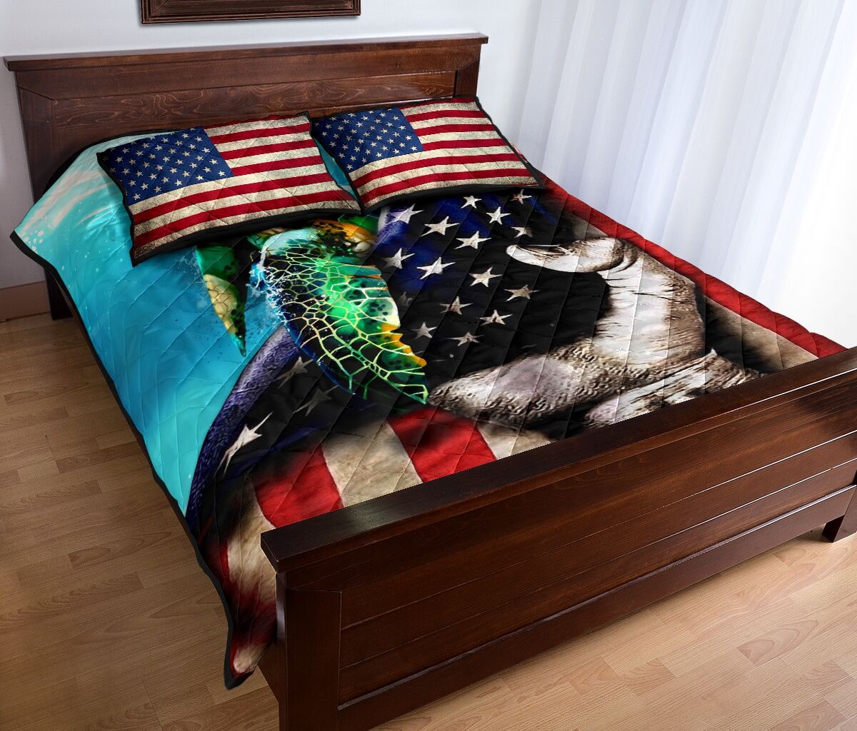 sea turtle in american flag full over print quilt 4