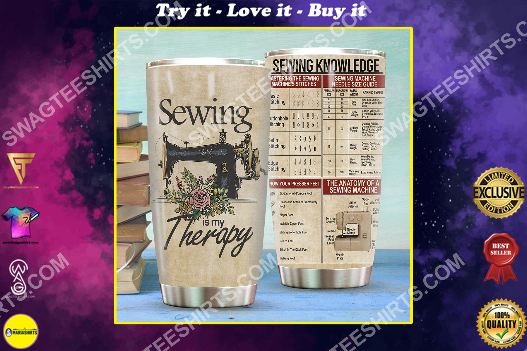 sewing is my therapy all over printed stainless steel tumbler