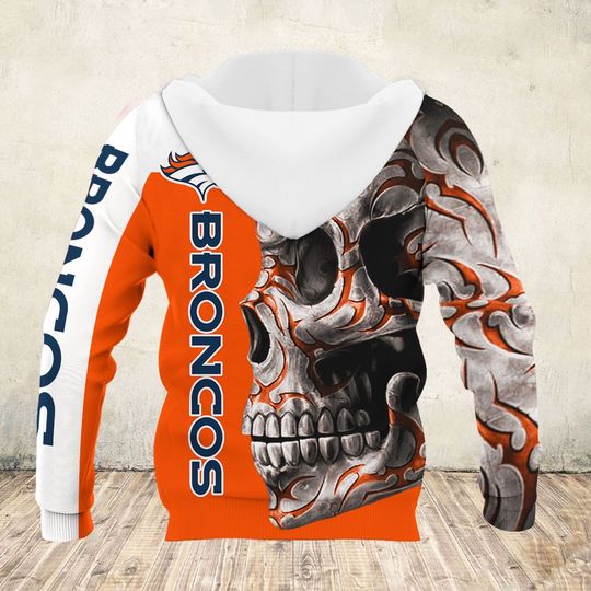 skull and denver broncos football team full over printed hoodie - back