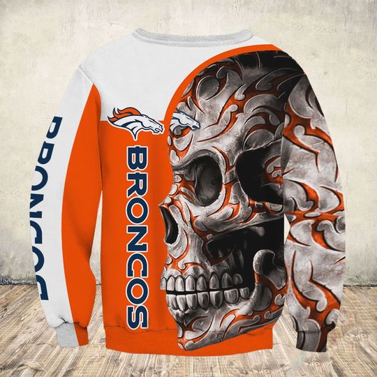 skull and denver broncos football team full over printed sweatshirt - back