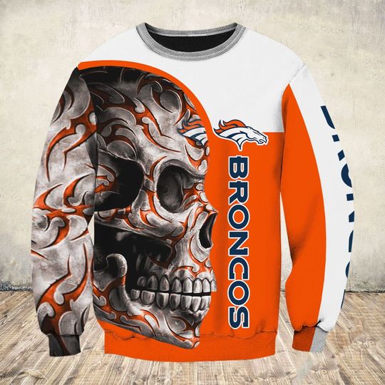 skull and denver broncos football team full over printed sweatshirt