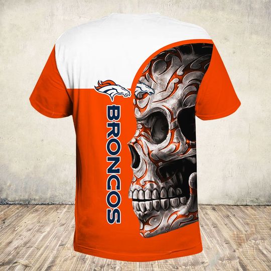 skull and denver broncos football team full over printed tshirt - back