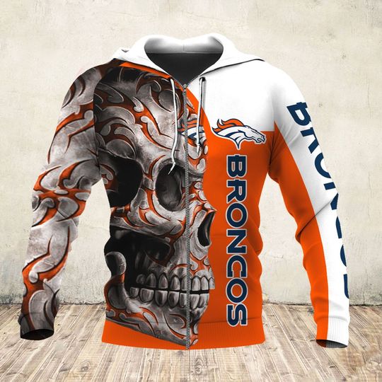 skull and denver broncos football team full over printed zip hoodie