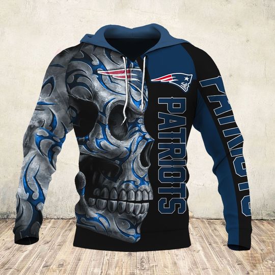 skull and new england patriots football team full over printed hoodie