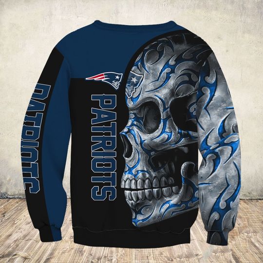 skull and new england patriots football team full over printed sweatshirt - back