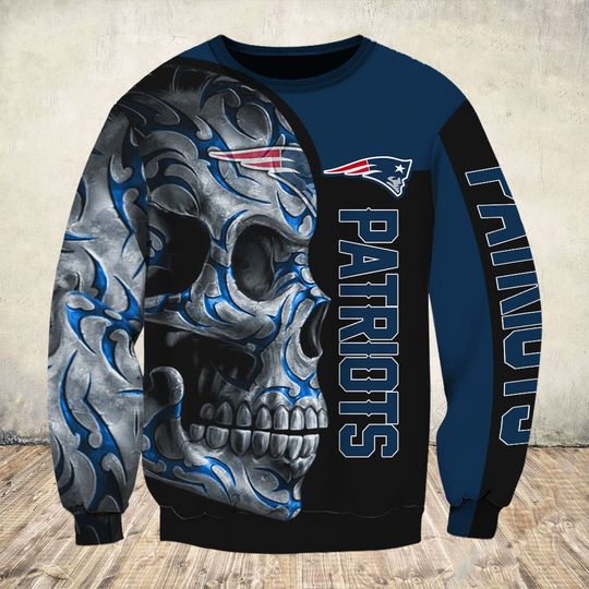 skull and new england patriots football team full over printed sweatshirt