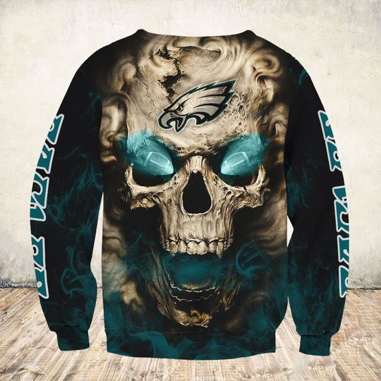 skull and philadelphia eagles football team full over printed sweatshirt - back