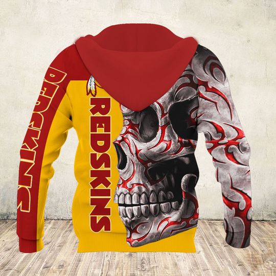skull and washington redskins football team full over printed hoodie - back