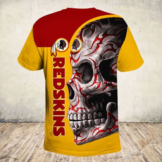 skull and washington redskins football team full over printed tshirt - back