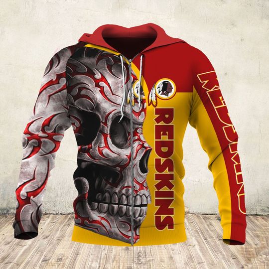 skull and washington redskins football team full over printed zip hoodie
