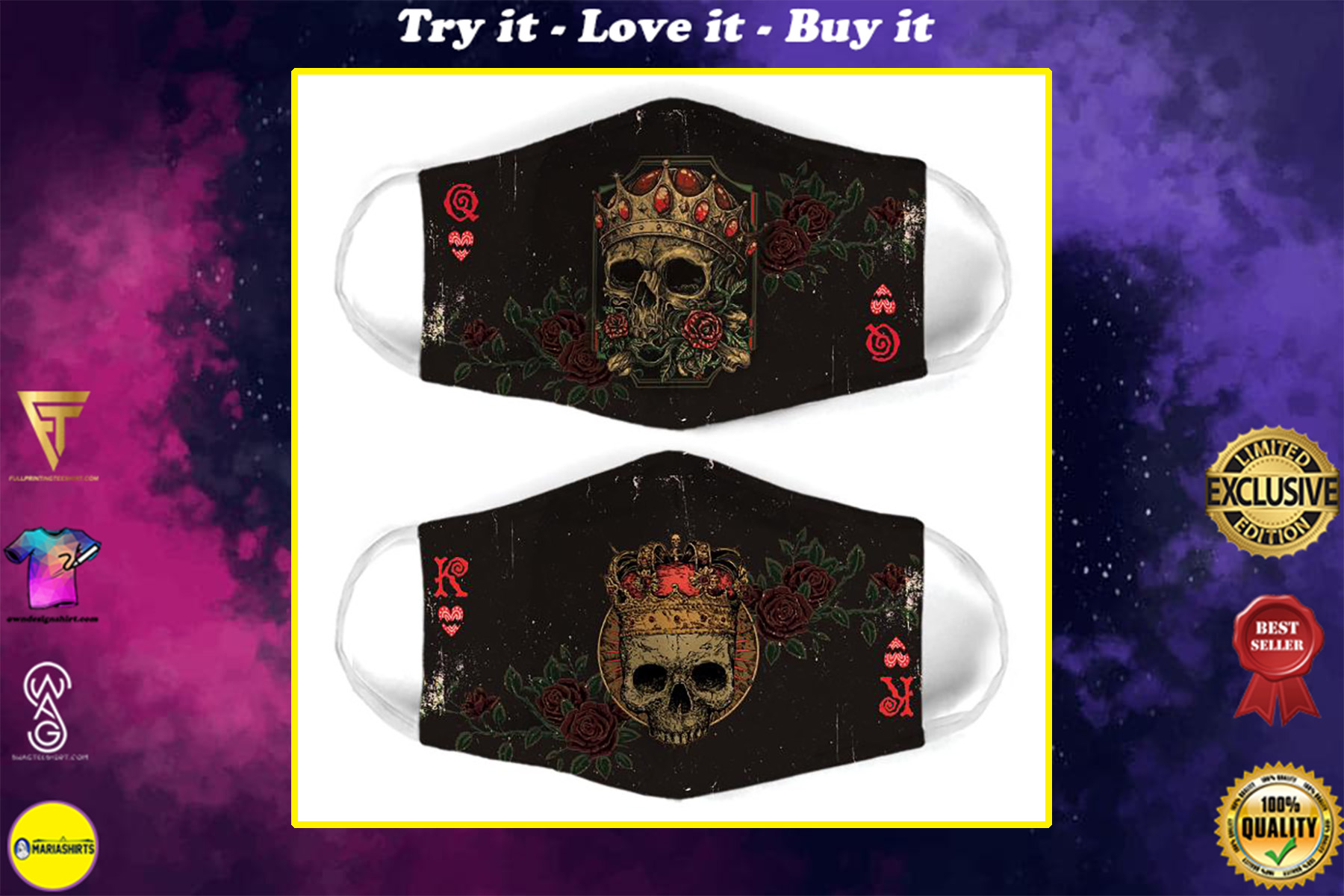 skull cards rose for couple love all over print face mask