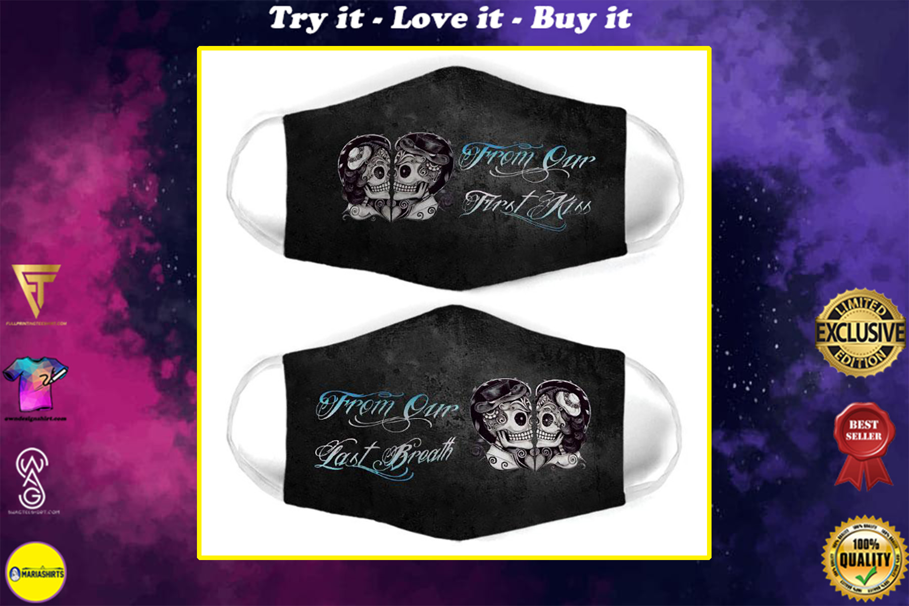 skull couple from our first kiss all over print face mask