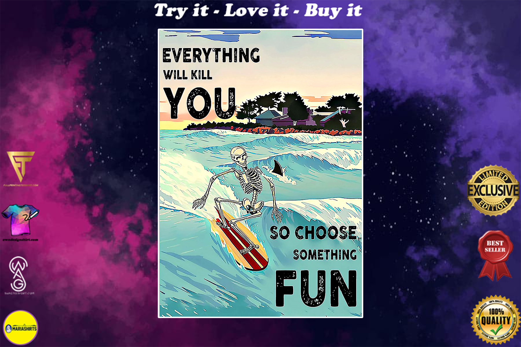 skull everything will kill you so choose something fun surfing vintage poster