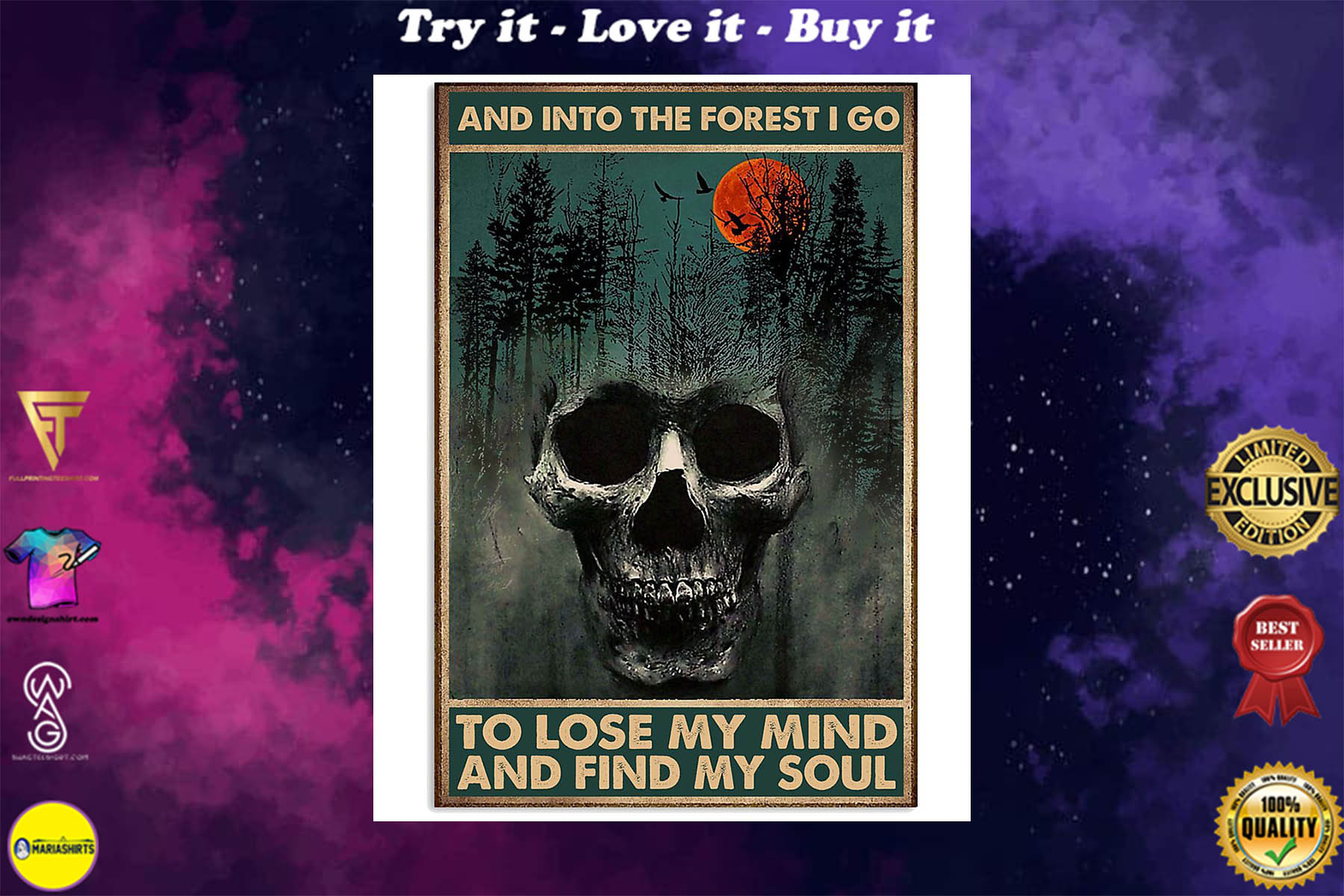 skull forest and into the forest i go to lose my mind and find my soul retro poster